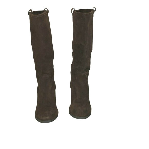 Boots Brown Suede Leather Block Heels Pull On Womens 9 Calf Height Western Almon - Picture 2 of 10